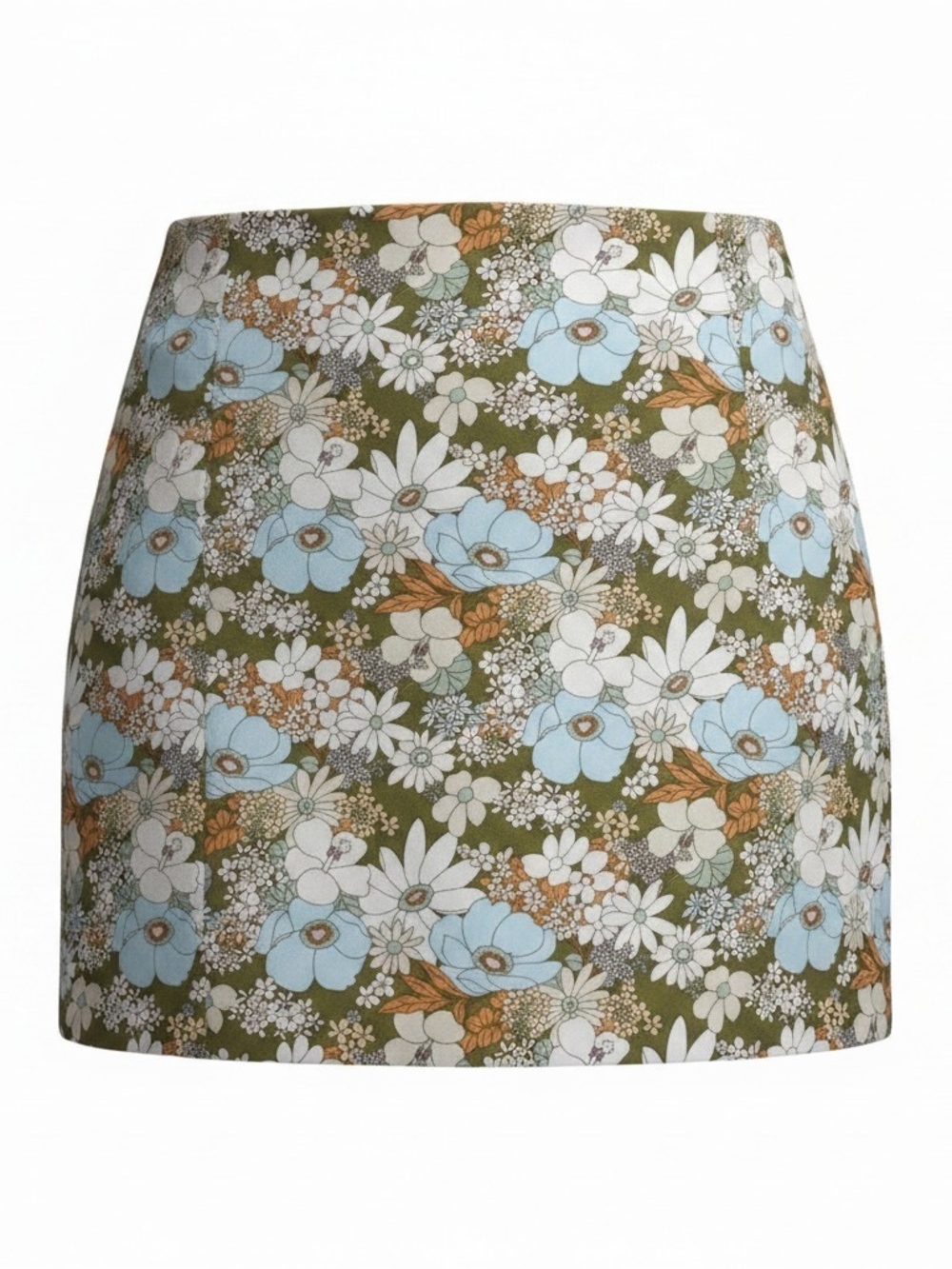 Altar'd State Olive Floral Mini Skirt with Sky Blue and Cream Blooms
